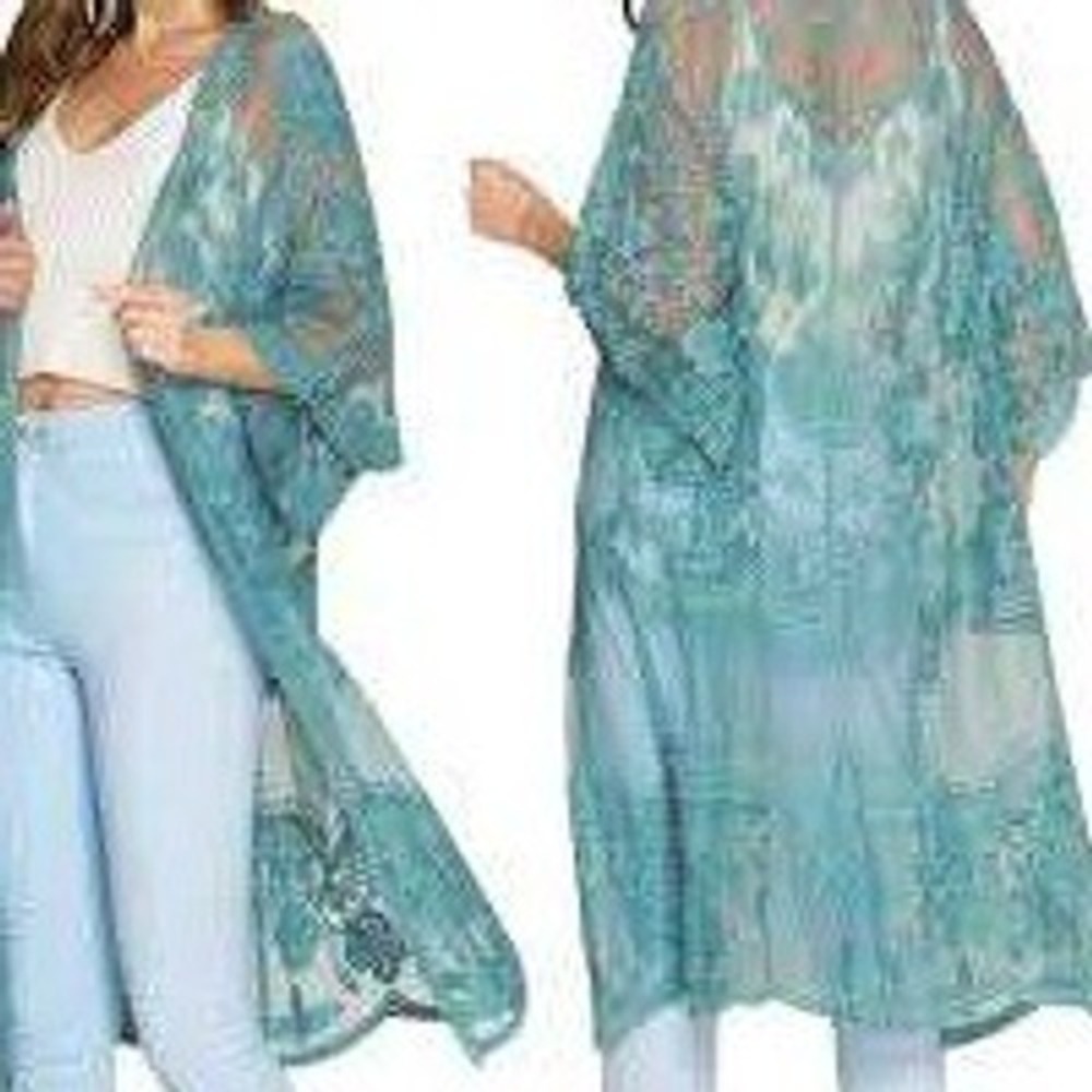 Woven Heart Aqua Floral Lace Long Kimono One Size‎ Boho Cottagecore